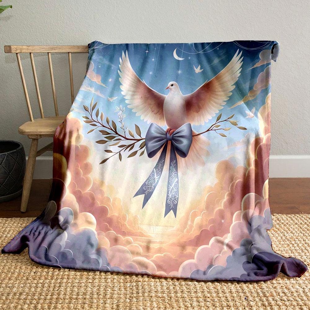 A Dove Carrying an Olive Branch with a Blue Ribbon In a Dreamy Sky. for All Seasons Blanket Lunch Break Throw Gift