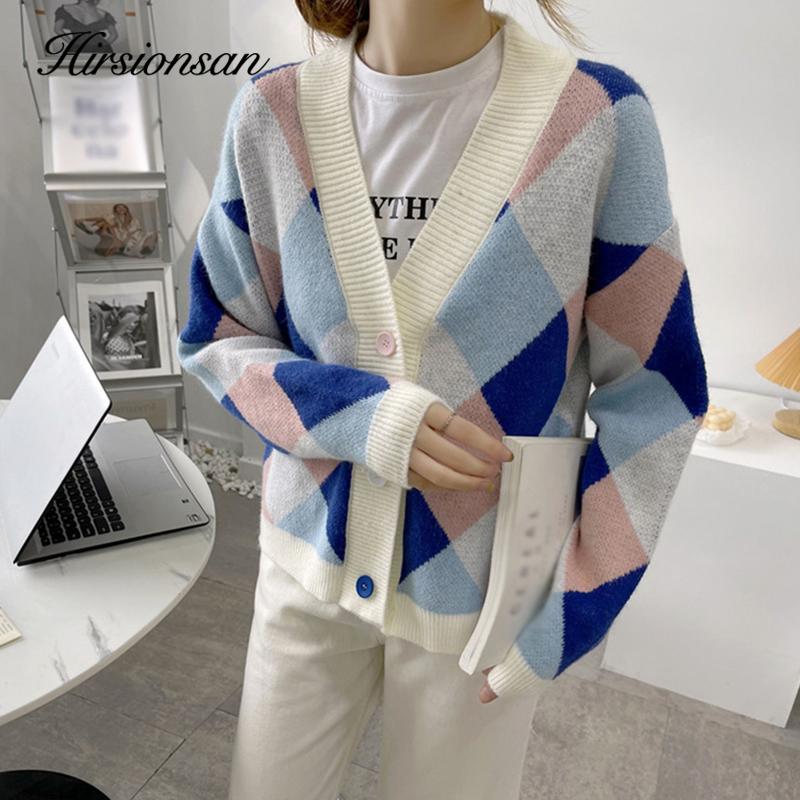 

Hirsionsan осень-зима винтажный клетчатый вязаный кардиган женский простой v-образный вырез лоскутные свитера женские простые топы с длинным рукавом для отдыха