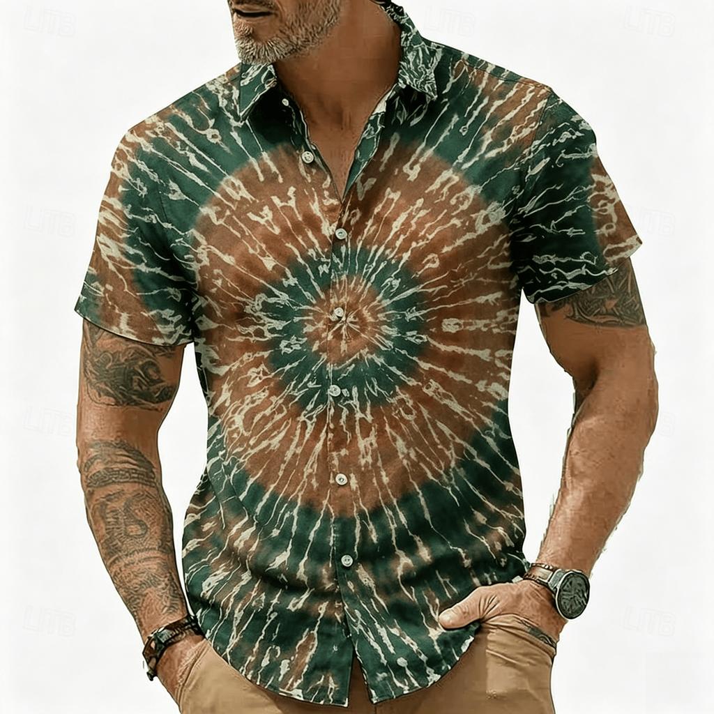 Men's Neon Lightning Tie Dye Print Short Sleeve Shirt, Retro Psychedelic Button Up Shirt for Spring & Summer
