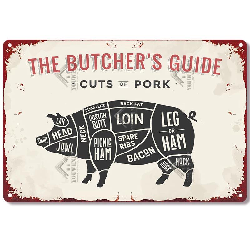 The Butcher's Guide Vintage Metal Signs, Kitchen Poster Cuts of Beef, Pork, Duck, Fish, Shop Wall Decor, Tin Sign, 20x30cm