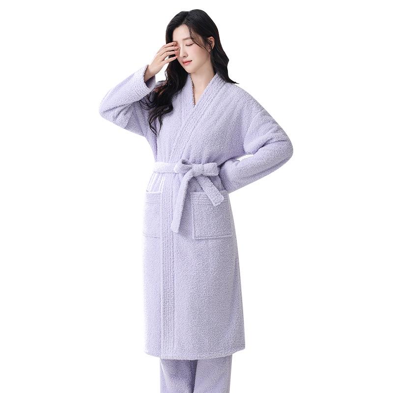 Women's Velvet Pajama Set with Fleece-Lined Pants and Thick Coral Fleece Bathrobe for Autumn/Winter