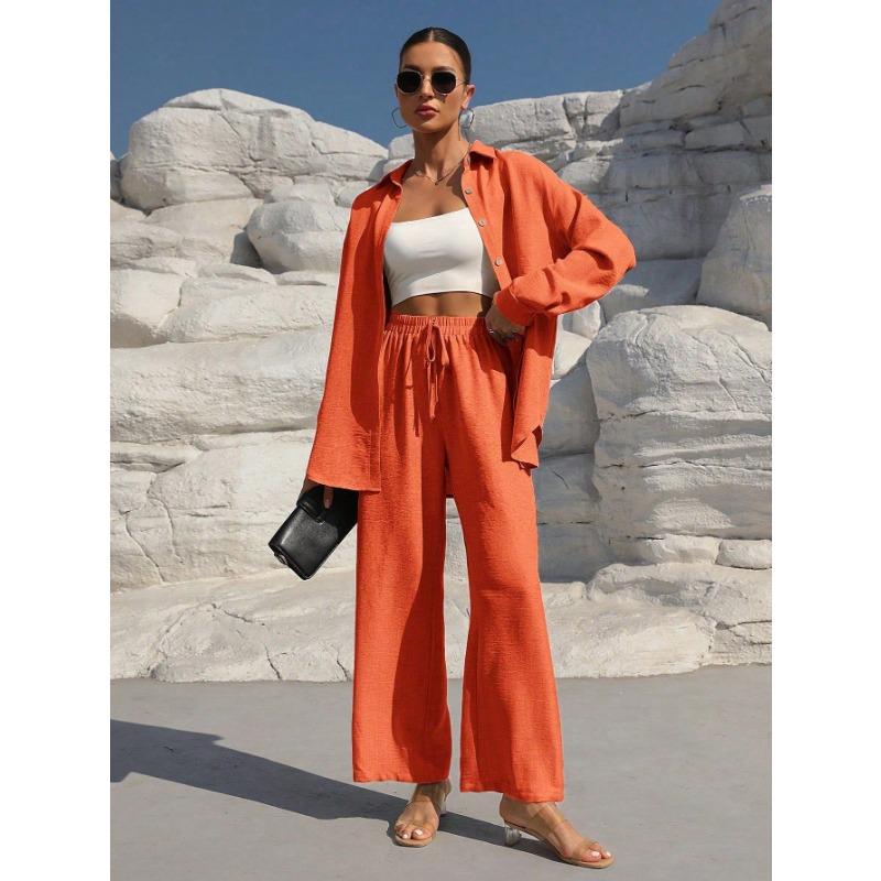Women's Fashion Solid Color Collar Button Long Sleeve Top Elastic Waist Straight Pants Casual Set