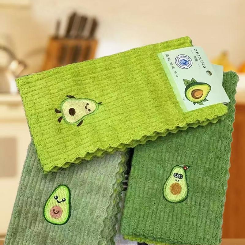 4-Pack Cartoon Avocado Pattern Thickened Polyester Rag Kitchen Dish Cloth Cleaning Cloth Embroidered Towel Absorbent Square Towe