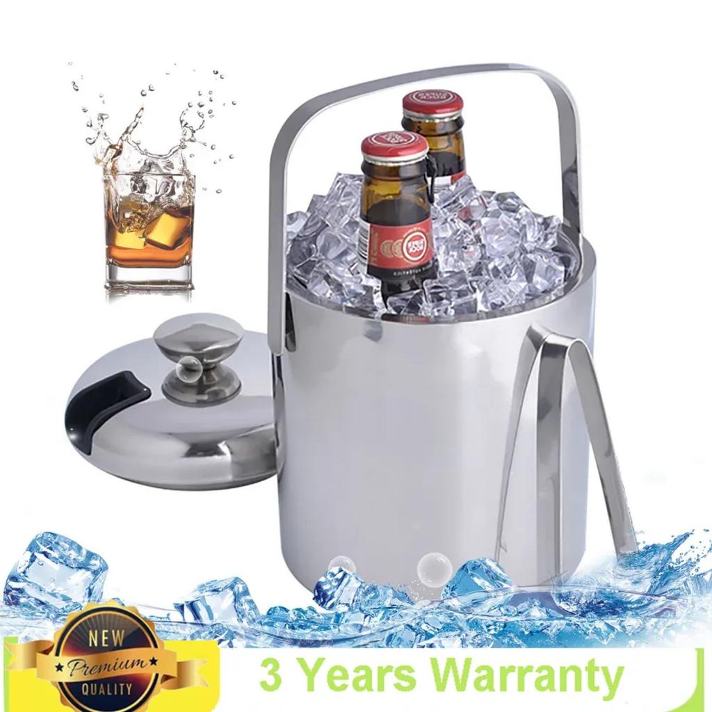 Bymaocar 1300ML 2-Layer Stainless Steel Insulated Ice Bucket w/ Lid & Ice Tong Outdoor Activity Versatile to Use for 3-5 People