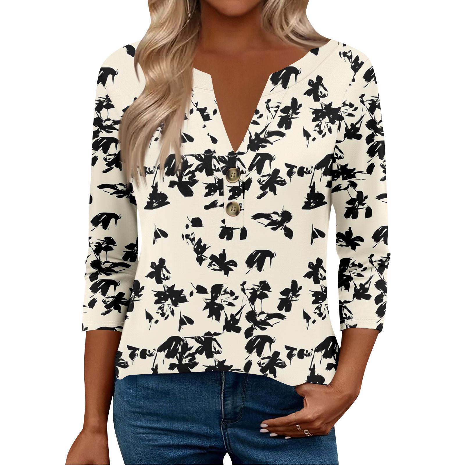 

Женские топы с рукавом 3/4 для женщин, топы хенли на пуговицах с V-образным вырезом, нарядные летние женские топы свободного кроя M чёрный