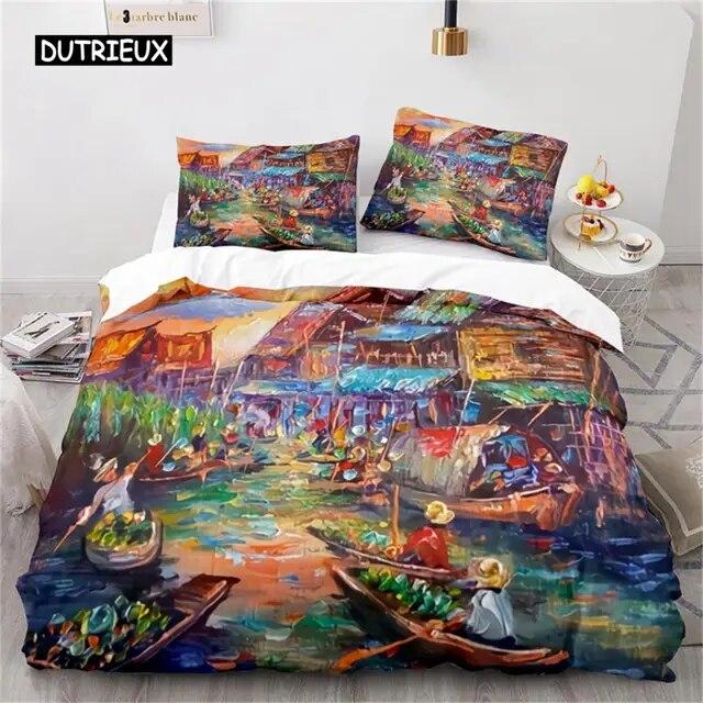 Oil Painting Duvet Cover  Art  Microfiber Landscape Romantic Comforter Cover Bedding for Kids Teen Adults Bedrooms  Decorated Three Piece Set