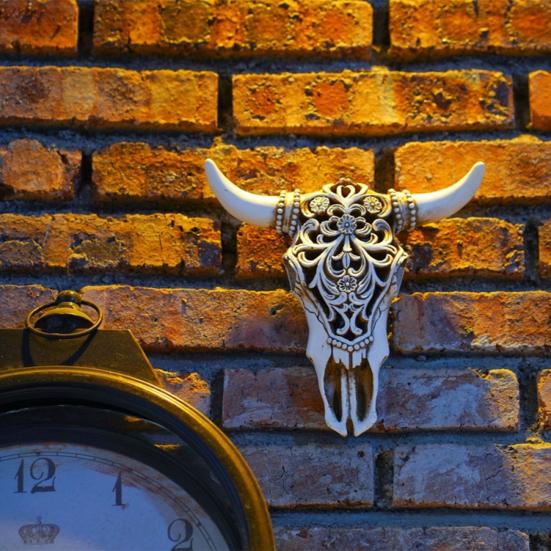 Retro Stierschädel Ornament Harz 3D Hohl Stierschädel Wandskulptur Longhorn Kuhkopf Wandkunst Dekor für Wohnzimmer