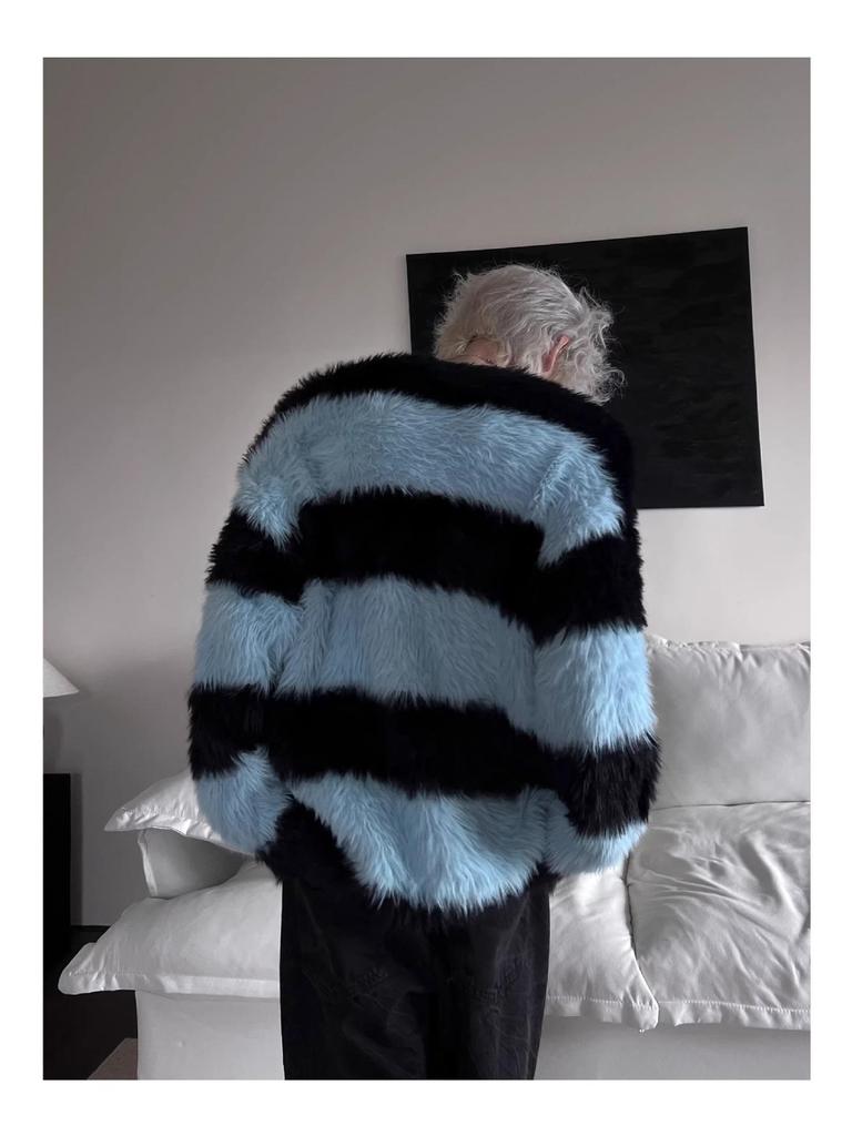 Maglione Retro da Uomo in Finta Pelliccia di Vison - Lavorazione a Maglia con Strisce a Contrasto, Morbido e Accogliente per Autunno/Inverno