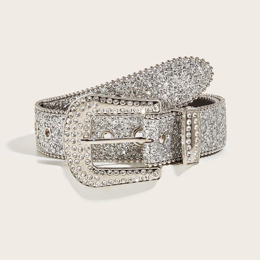 Y2K Rhinestone Waistband Solid Color Women PU Belt Fashion Shiny Wide Belt  Men