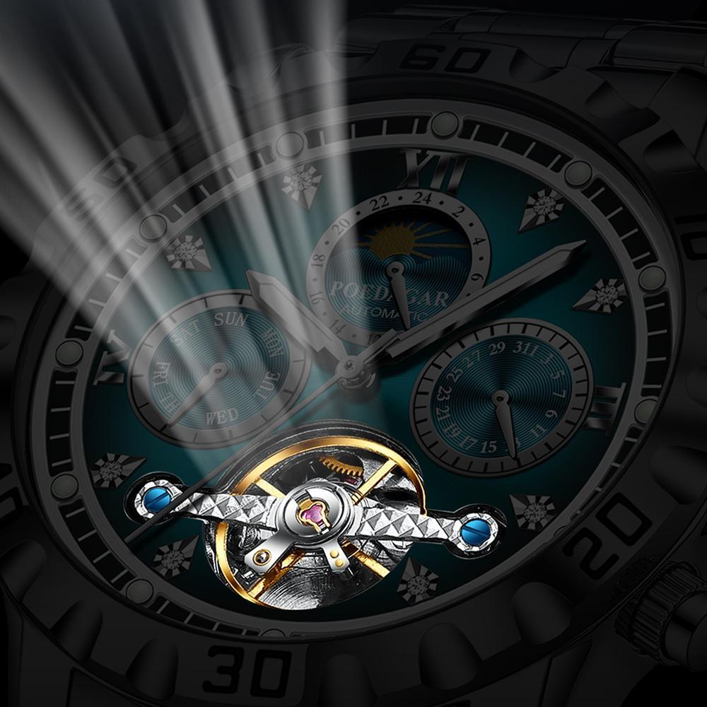 POEDAGAR Militärischer Luxus Herrenuhr Mechanische Wasserdichte Uhr Skelett Tourbillon Automatik Edelstahl Uhren