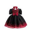 Children's Halloween Bat Princess Dress Costume - Black & Red Patchwork Puffy Skirt with Bow.