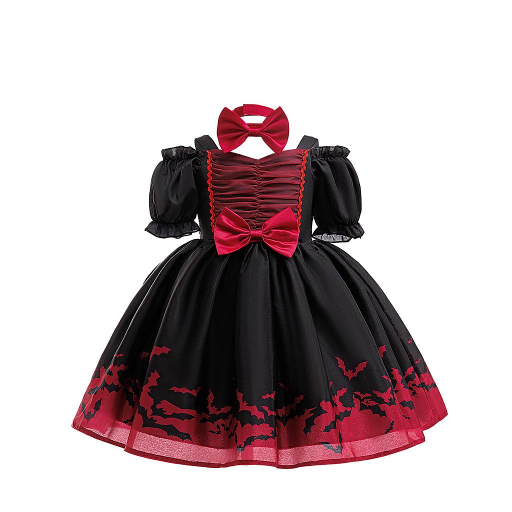 Children's Halloween Bat Princess Dress Costume - Black & Red Patchwork Puffy Skirt with Bow.