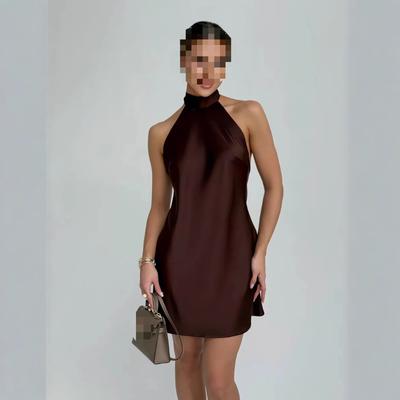 European and American Spring Women's Solid Color Hanging Neck Collar Sleeveless Short Dress