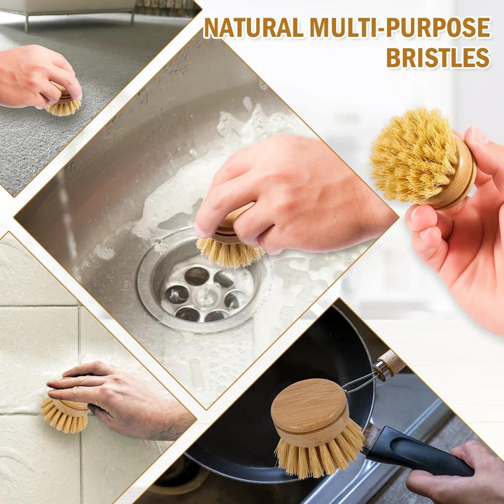 6Pcs Bamboo Dish Scrub Brushes Natural Sisal Bristles Wooden Cleaning Scrubbers for Kitchen Washing Cast Iron Pan/Pot NEW