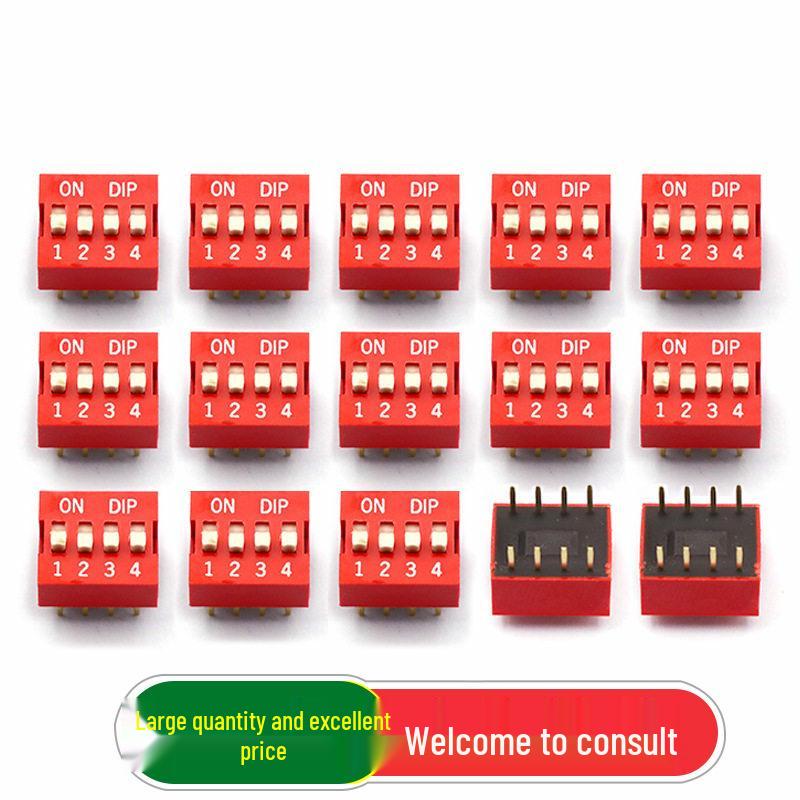4-Position DIP Switch, Inline Flat Toggle, 2.54mm Pitch, Red-Gold Plated (Set of 5)