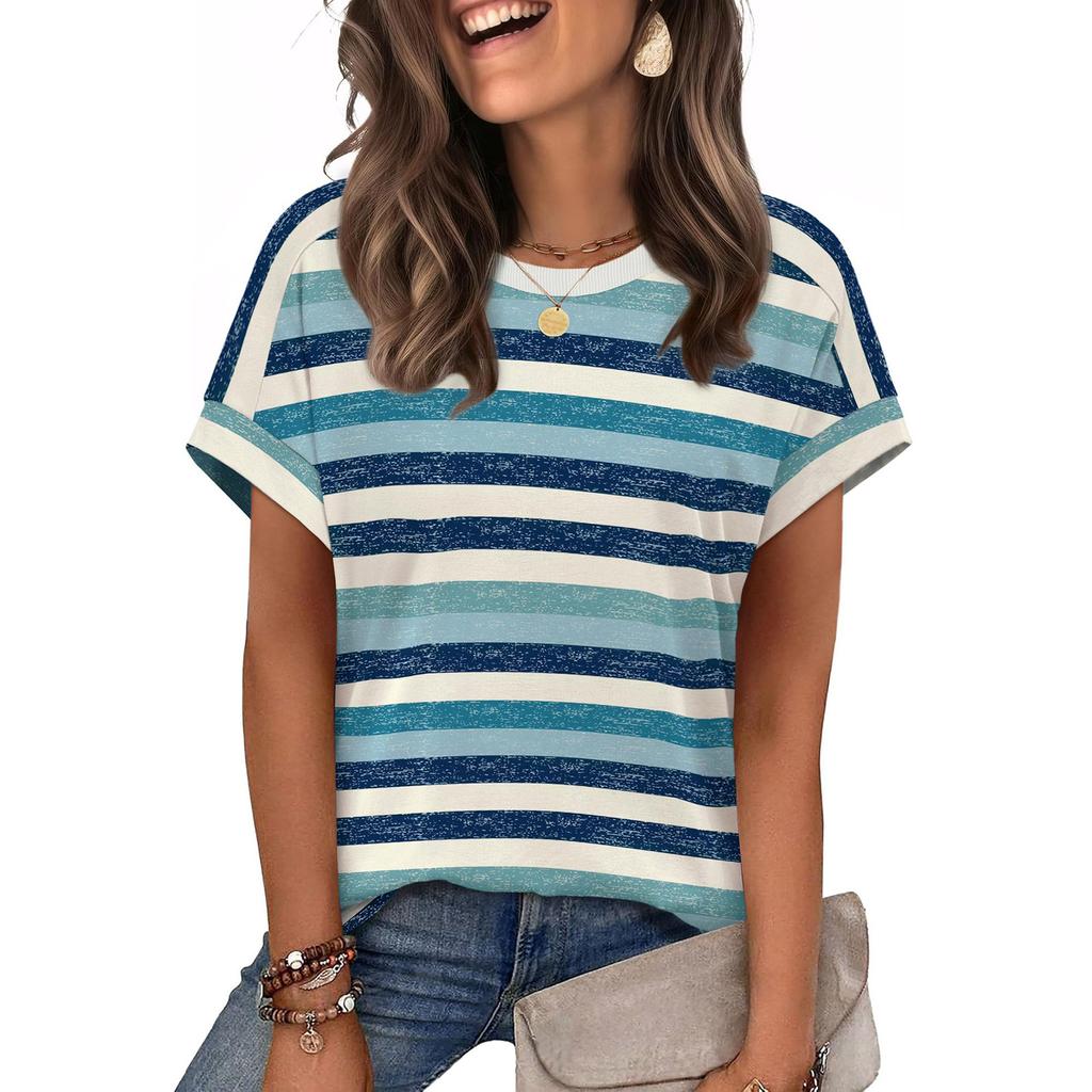 Women's Casual Short Sleeve Striped T Shirt Crew Neck Loose Fit Lightweight Summer Top for Everyday Wear