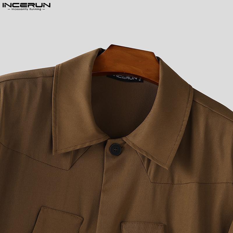 INCERUN Autumn Men Lapel Neck Long Sleeve Belt Waist Jumpsuits Casual Long Rompers