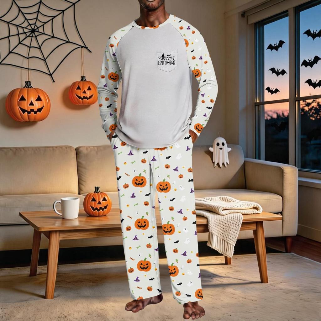 Men's Halloween Pajama Set with Raglan Long Sleeve Top, Pockets and Elastic Waist Pants - Loose Fit 2-Piece Sleepwear