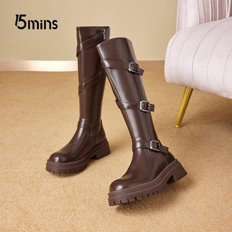 15MINS Women's Winter Warm Block Heel High Boots with Belt Buckle