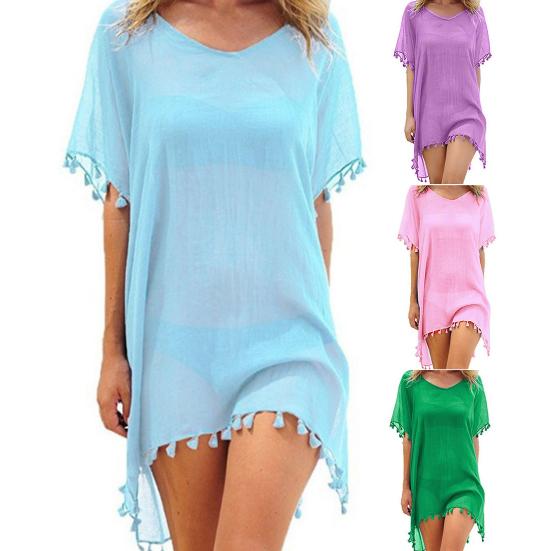 Beach Dress Swimsuit Cover Up Solid Color Loose See-through Tassel Bikini for Holiday