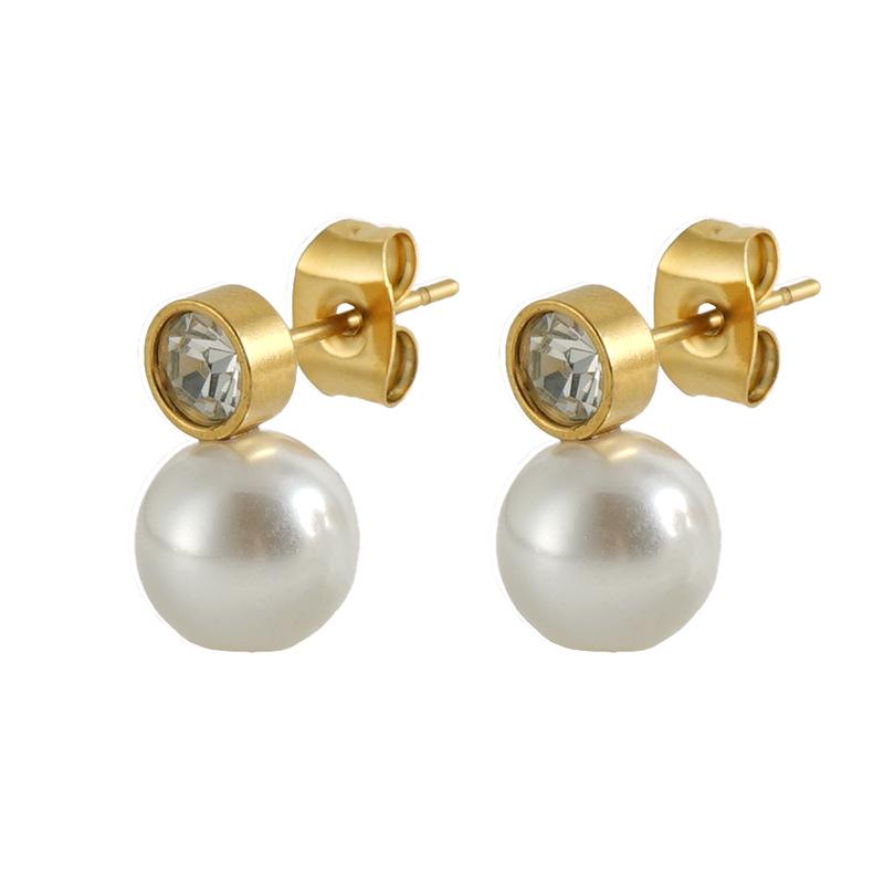 European & American Fashion Pearl Diamond Stud Earrings In Titanium Steel 18k - Versatile Stainless Steel Style for Women