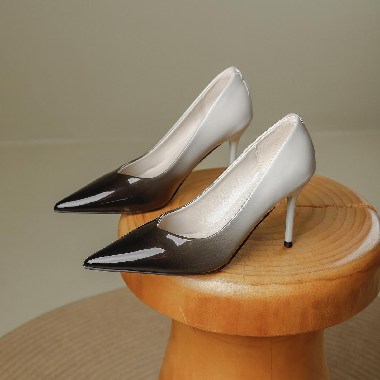 

Sexy versatile pointed high heels women s 2025 new fine heel fashion temperament gradual change color patent leather light mouth single shoes 39