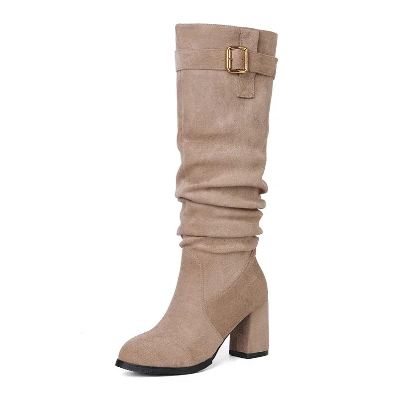 Women's Suede Pointed Toe Knee High Boots, Solid Chunky Heel Long Boots, Fashion Winter Shoes