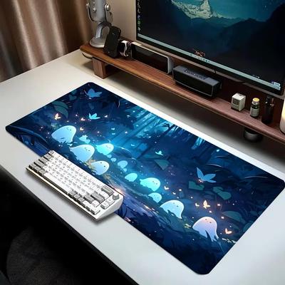Cute Ghost Dark Forest Print Gaming Mouse Pad Large Desk Mat AntiSlip Rubber Base Stitched Edge Keyboard Mat For Gamers