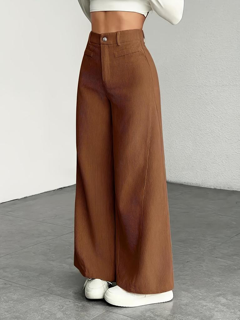 High Waist Corduroy Women's Wide Leg Pants - Casual, Loose, Floor-Length, Solid Color.
