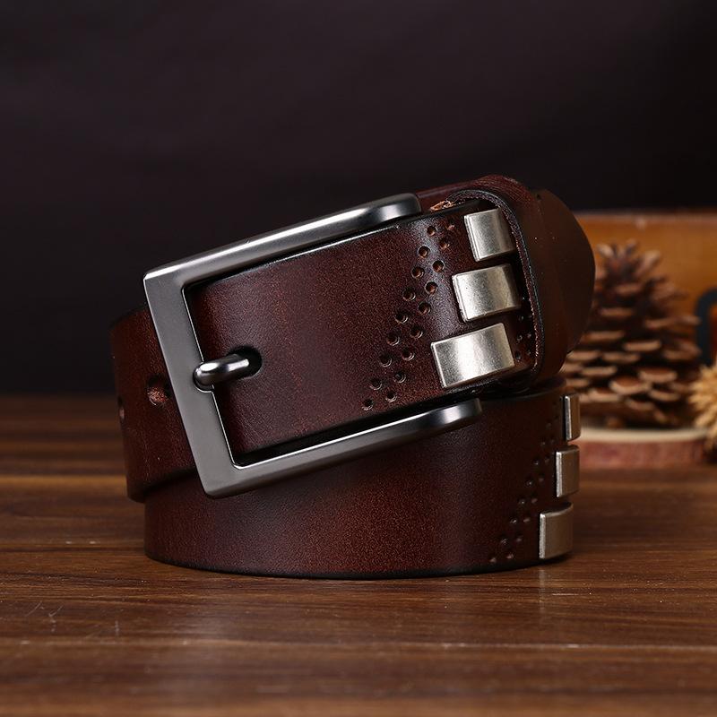 Hip Hop Personality Niche Street Machine Head Belt Men'S Genuine Leather First Layer Cowhide Punk Style Rivet Jeans Belt Men