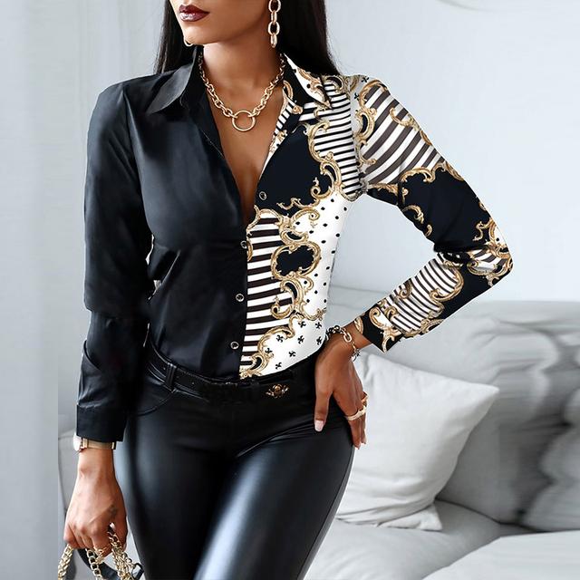 Spring Autumn Women Officewear Blouse Women Fashion Elegant Scarf Chain Print Button Design Shirt Long Sleeve Patchwork