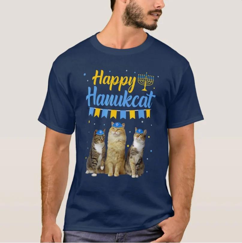 Neuheit Jüdischer Chanukka Katze Glückliche Hanukkatze T-Shirt 100% Baumwolle Rundhals Sommer Kurzarm Freizeit Herren T-Shirt Größe S3XL