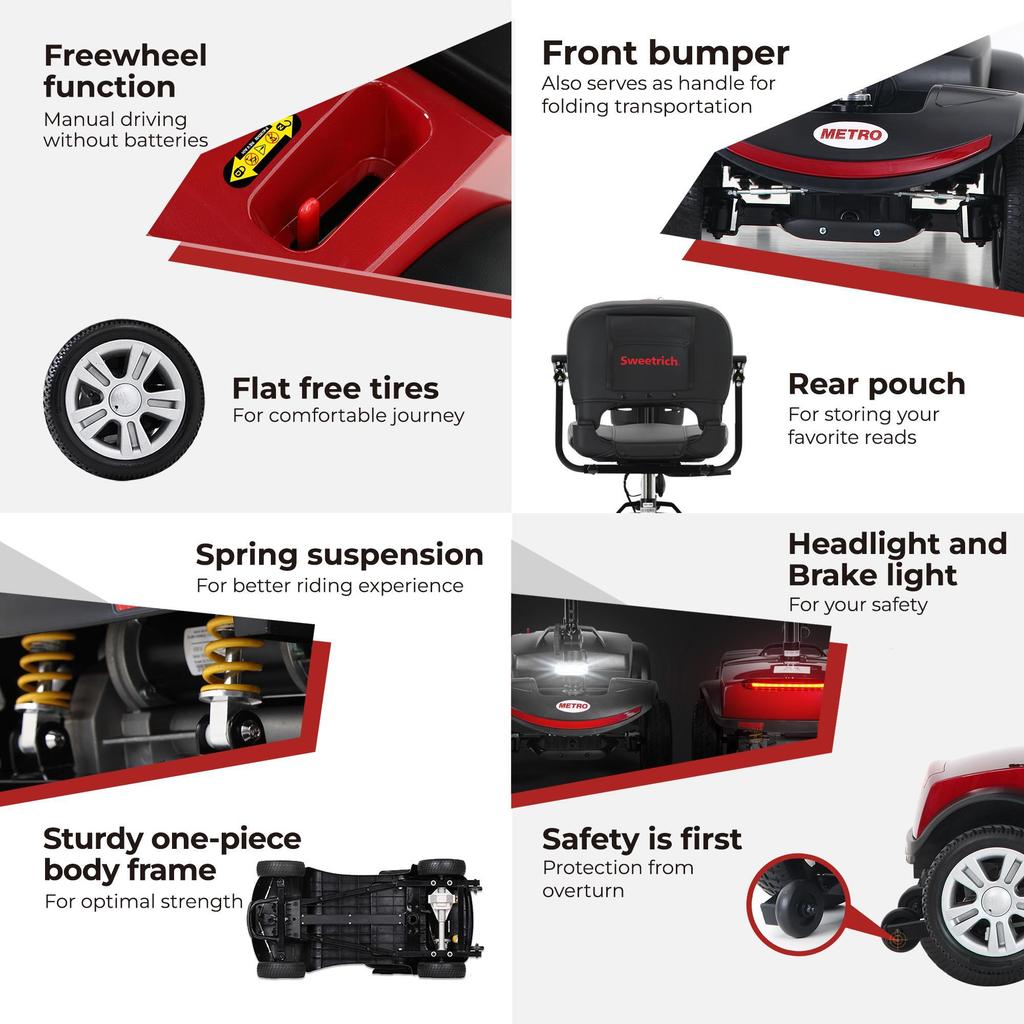 Elderly Electric Four Wheel Scooter S1 Sport Foldable Four Wheel Electric Scooter 300W 12AH Advanced Mobile Bicycle Red