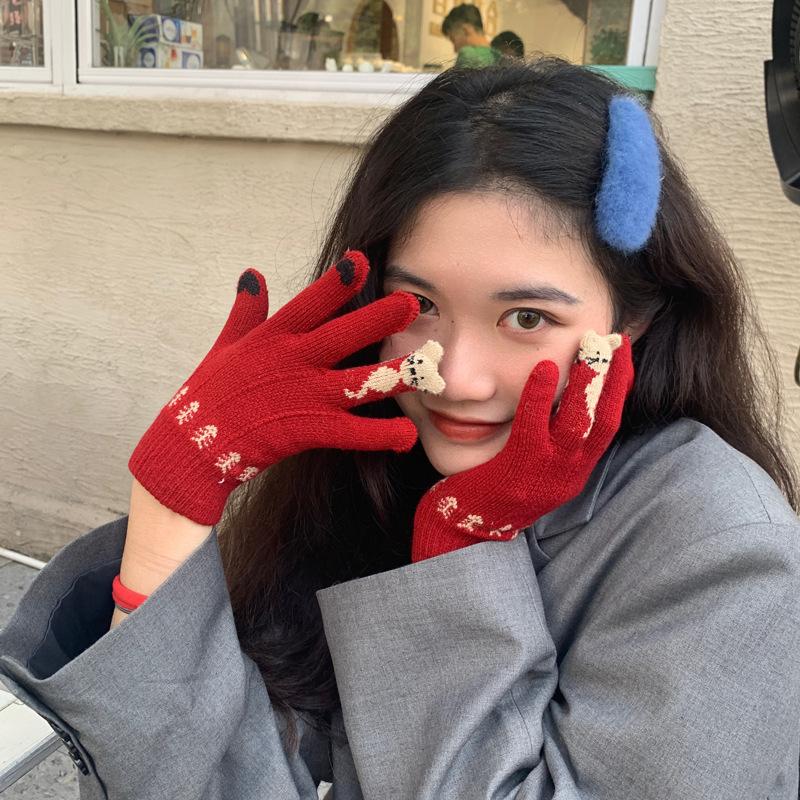 Touch Screen Christmas Red Finger Separated Gloves for Girls In Winter  Cute Korean Version Thickened Plush for Cycling Warm Winter Trend