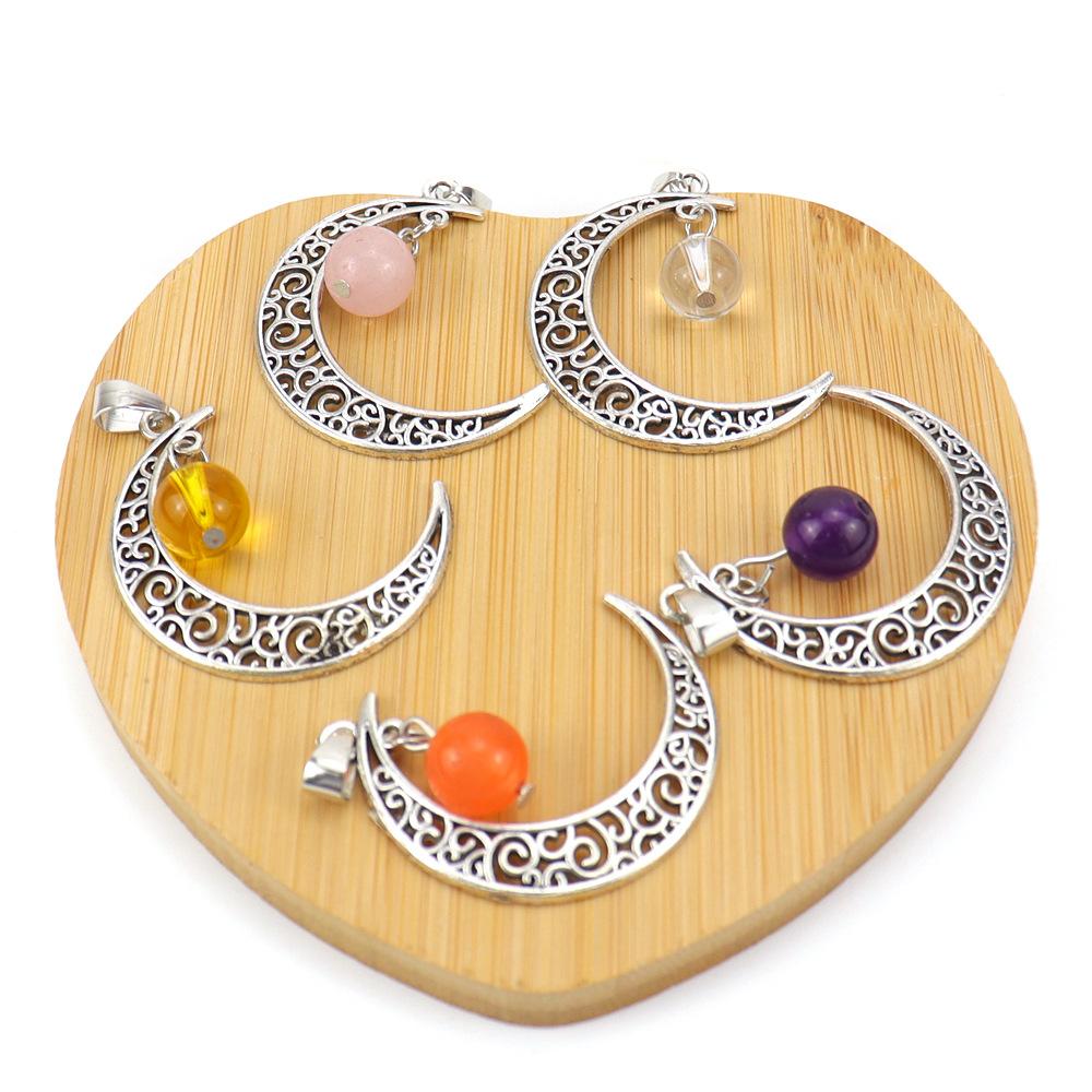 Hollow Moon Natural Crystal Bead Pendant Necklace Amethyst Pendant Couple N598