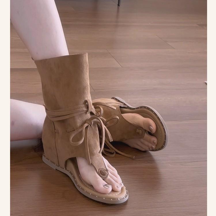 Vintage Round Head Versatile Fringed Heel Open-toed Cool Boots Niche Western Boots Strap Herringbone Toe Roman Sandals Women
