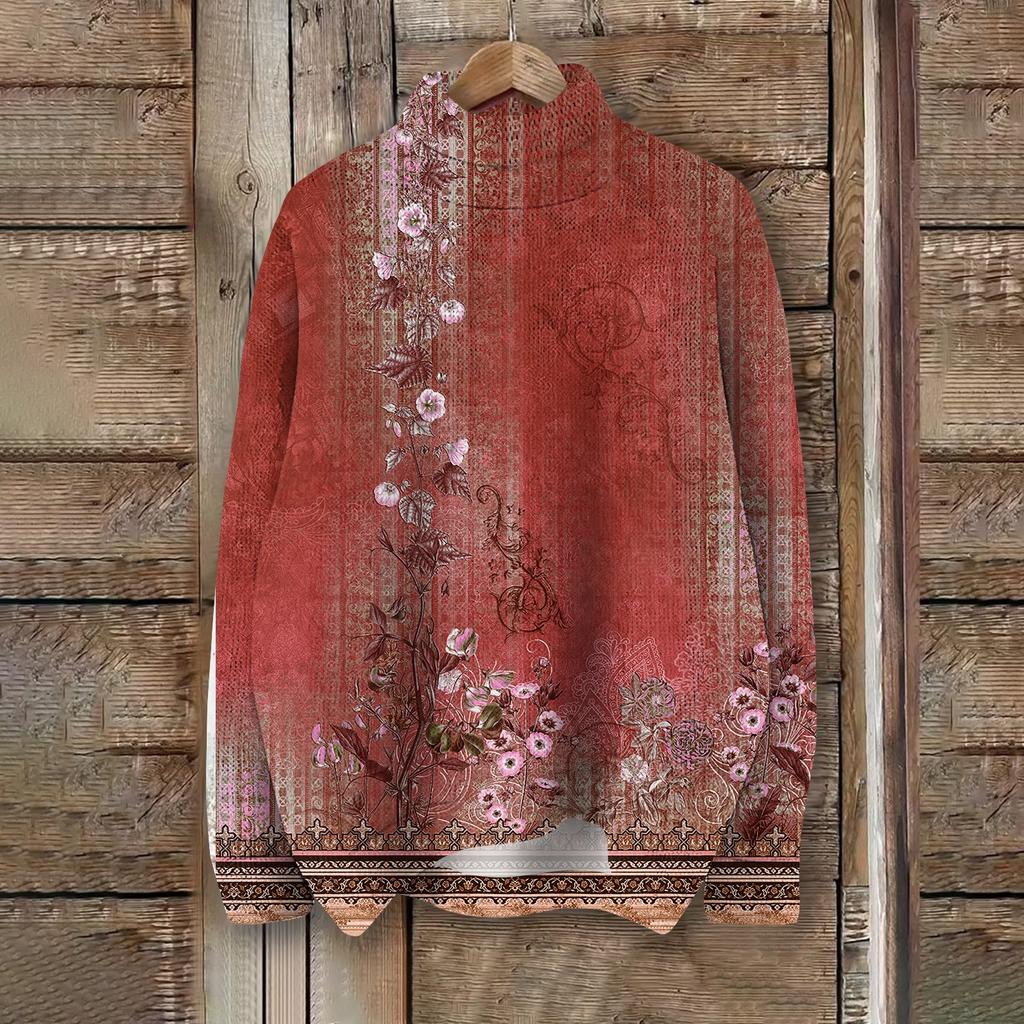 Women's Fashion Casual Long Sleeve Retro Printed Turtleneck Knit Top