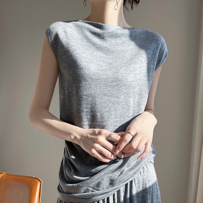 Off-Shoulder Merino Wool Slim-Fit Knitted T-Shirt for Women – Short-Sleeve & Versatile Top