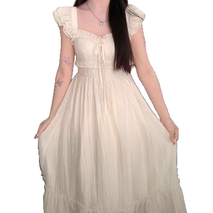 French sweet first love Xiaofei sleeve summer dress new waist thin knee long dress temperament beige