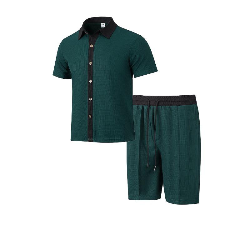 

Men s short-sleeved shorts two-piece summer loose casual color-matching beach shirt set XXXL темно-зеленого