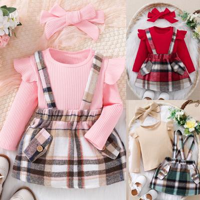 Ensemble Robe Salopette Plaid Minimaliste pour Tout-Petites Filles