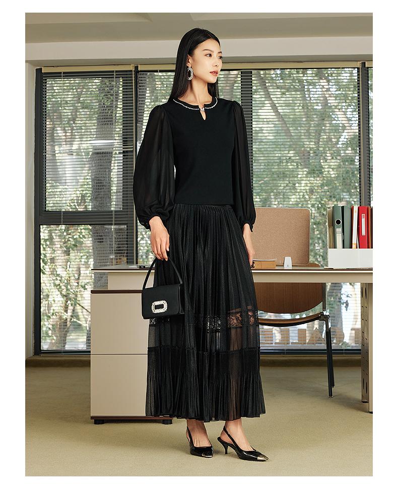 JZ Jiuzi Shopping Mall Same Elegant Light Mature Mesh Lace Splicing Folded Half Length Skirt for Women 2025 Spring New Style