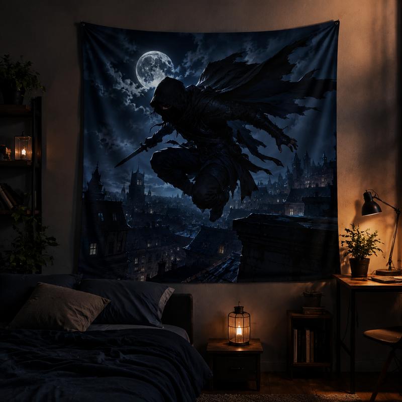 Moonnight Assassin Dark Fantasy Tapestry Medieval Flying Eaves Assassin Printed Hanging Cloth Living Room Room Decor