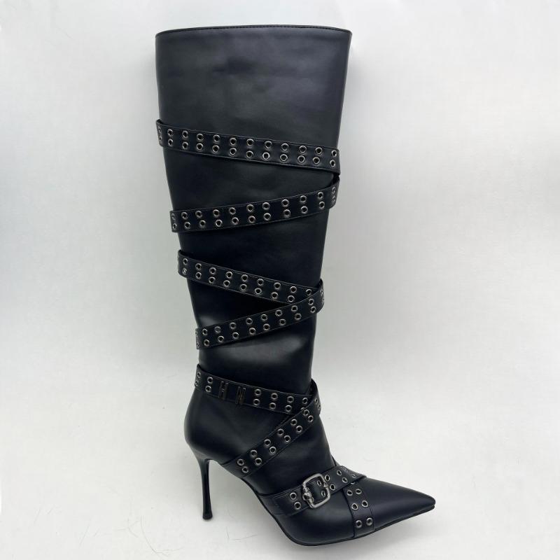 Brand Cross Strap Riveted Retro Silvery Knee High Boots New Spicy Girl Pointed High Heel Motorcycle Boots Fashion Women Shoes 34