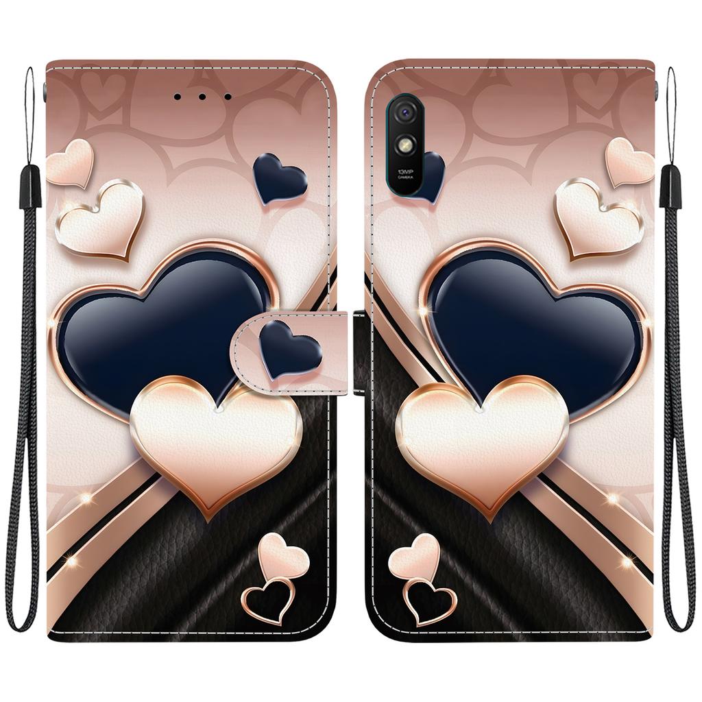 Handgefertigte PU-Leder-Klapphülle für Redmi 9A Rutschfeste stoßfeste Hülle mit Handschlaufe & Herz-/Rosen-/Katzen-Designs