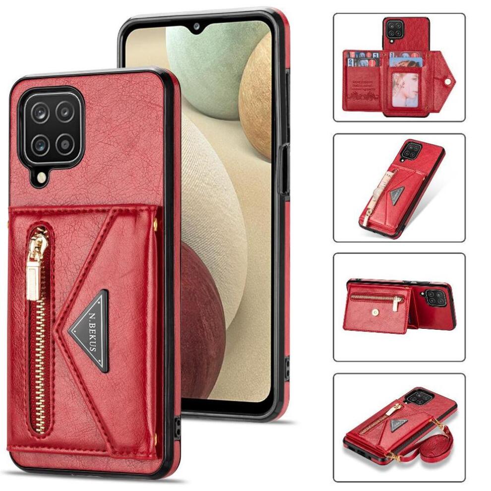 (Red) Zipper Pocket Case for Samsung Galaxy A12 5g Wallet Case Magnetic Buckle Card Holder Pu Leather Protective Cover