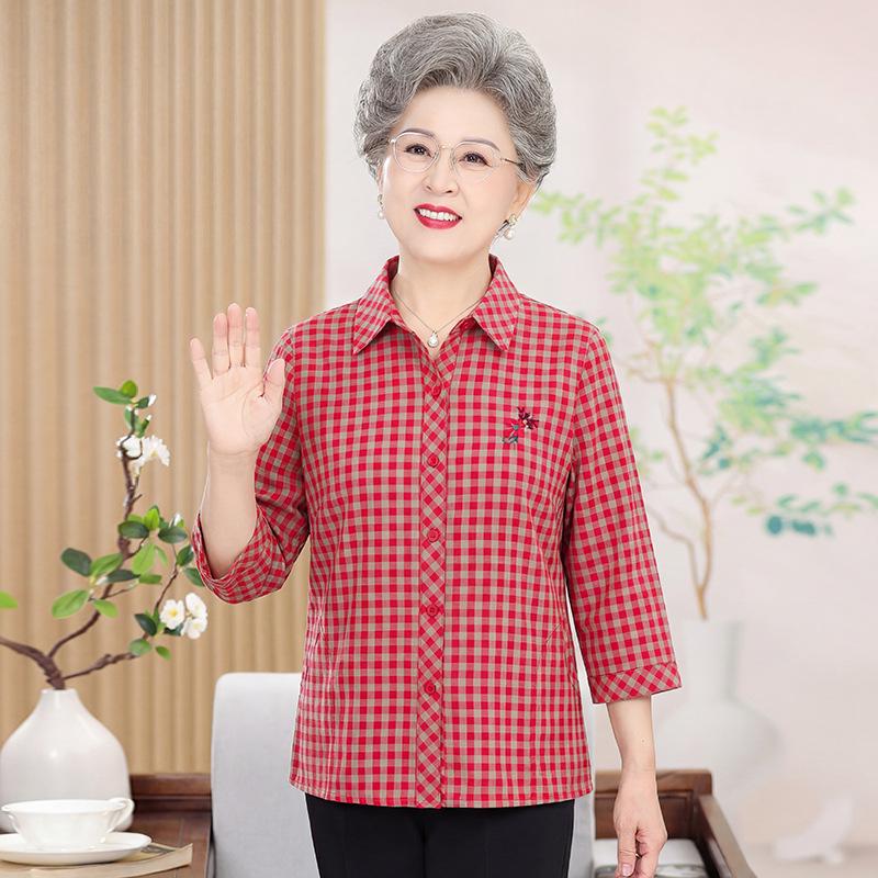 Elderly Women's Summer & Autumn Cotton Tops: Three-Quarter Sleeves & Shirts