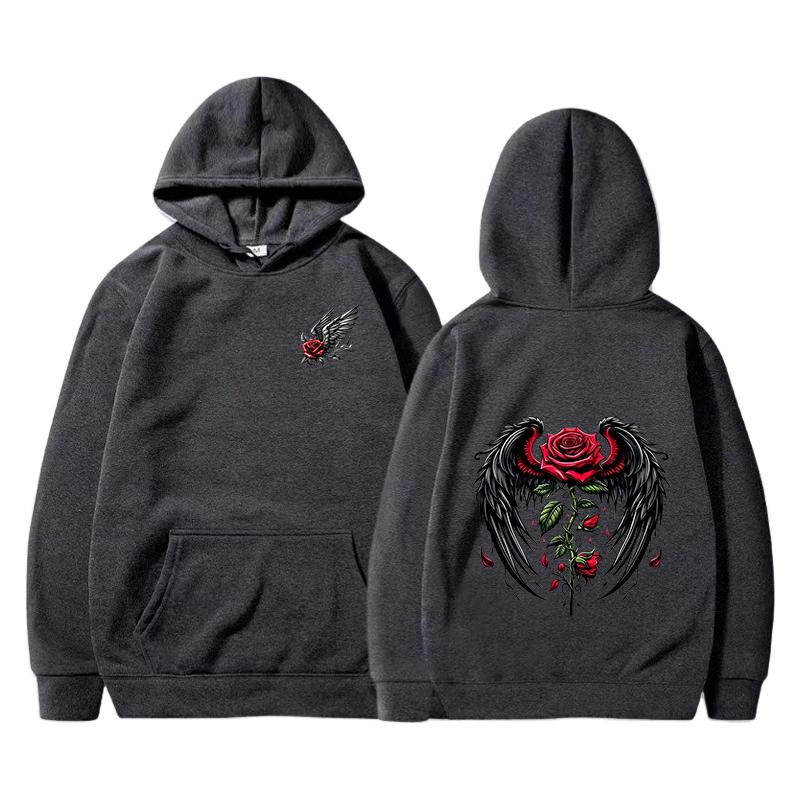 Rose wing pattern printed hoodie fashion trend brand autumn and winter loose hoodie Y2K hip-hop street wear men's and women's pu