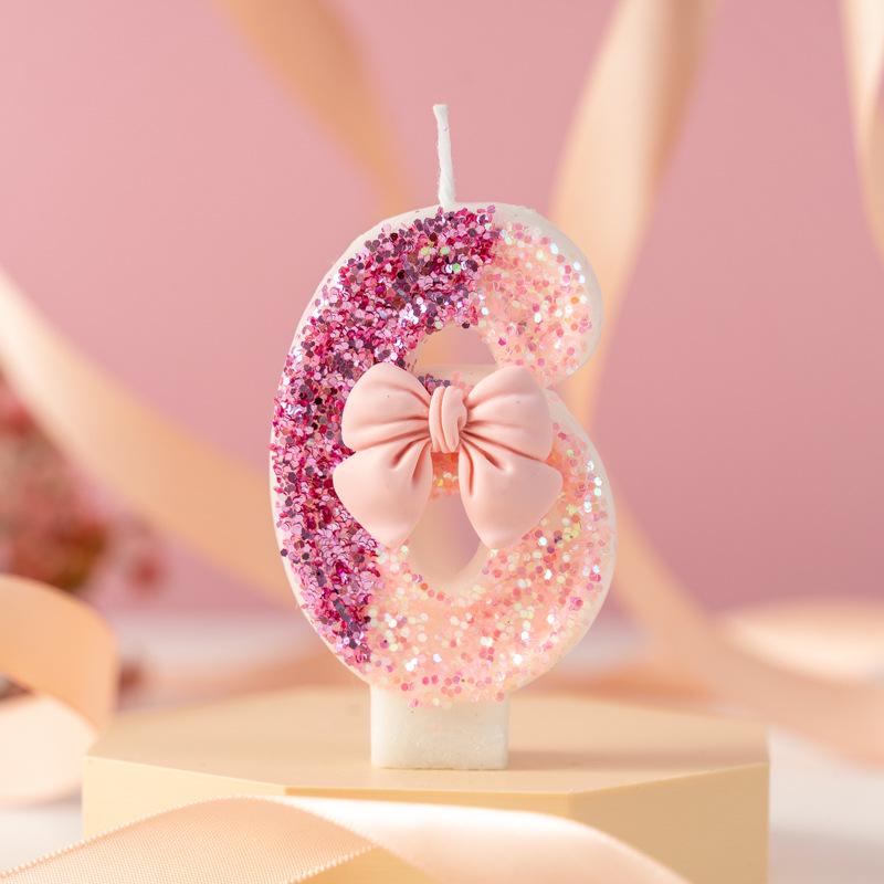 Glitter Pink Bow Number Candle - Color Block Birthday & Anniversary Cake Decor