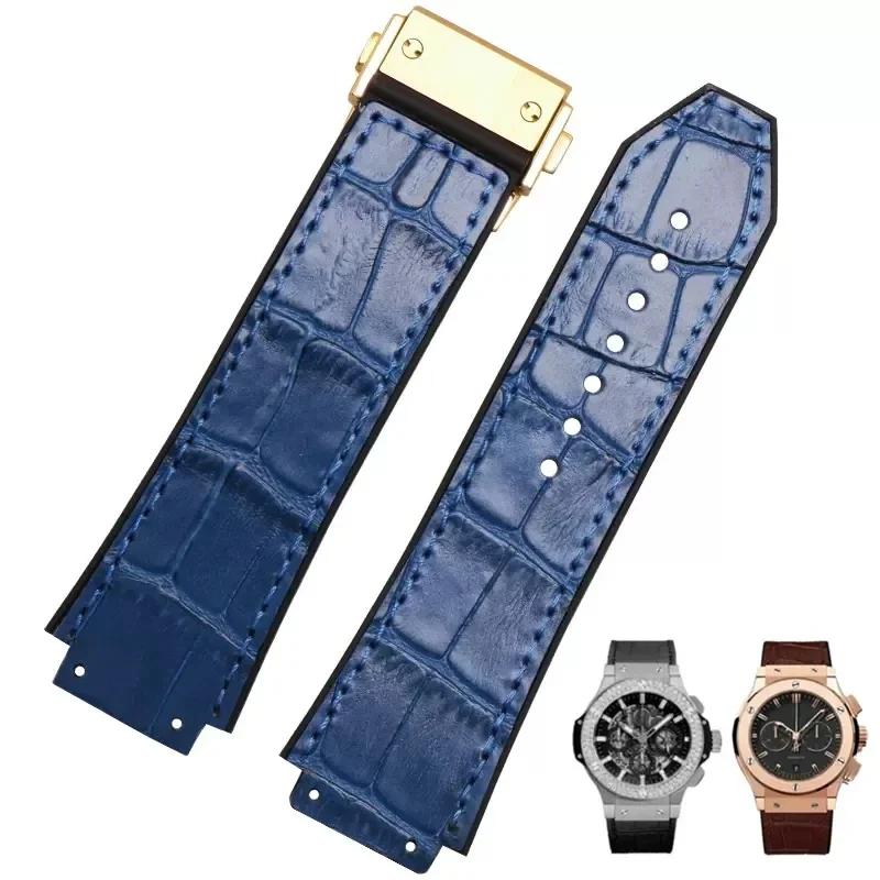 26X19mm Real Cow Leather Rubber Watchband for HUBLOT Classic Fusion Universe Big Bang Series Men belt Watch band butterfly Buckl